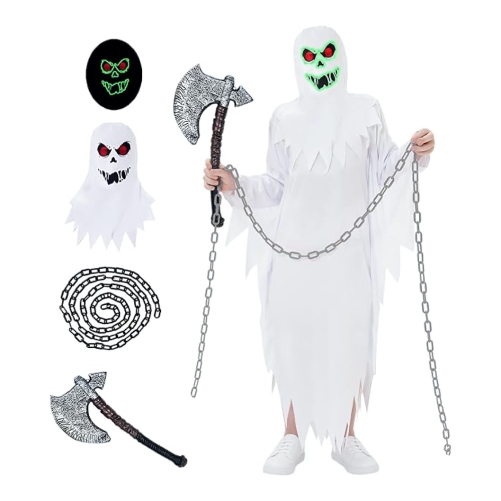 Halloween Unisex Kids Ghost Glow in The Dark Scary Hood Cloak with Axe Chain